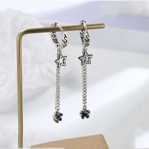 Retro Ancient Silver Earrings for Womens with Five Pointed Star Long Tassel Earrings Women Party Jewelry Gift
