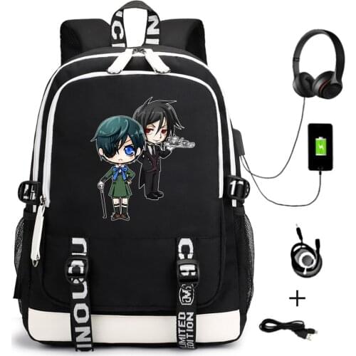 Anime Black Butler Backpack Casual School Bag For Teenagers Unisex Cartoon USB Travel Laptop Shoulder Bags Zipper Bookbag