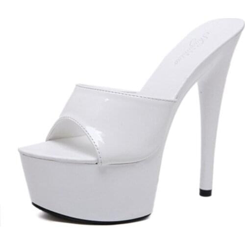New patent leather slippers, 15 cm high thin heel sexy waterproof platform ultra high heel sandals, stage slippers