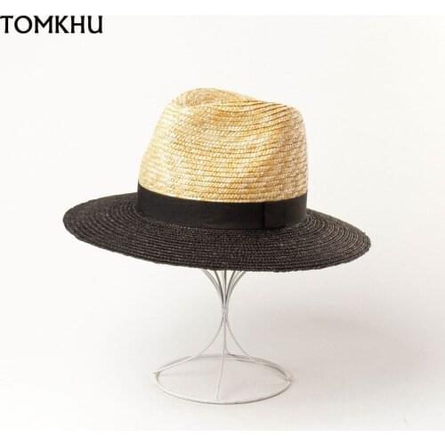 Elegant Hats For Women Sun Protection Cap Female Flat Top Jazz Hat Two-color Stitching Straw Hat Beach Sun Hat Chapeu Feminino
