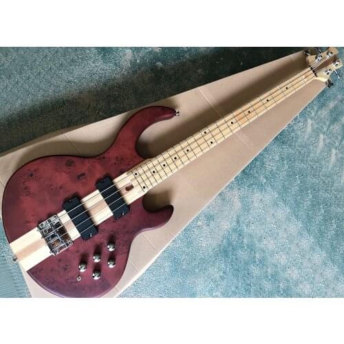 In Stock-4 Strings Matte Red Neck-thru-body Electric Bass with Bark Grain Veneer,Maple Fretboard