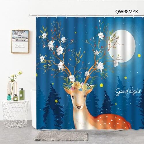 Sika Deer Under The Night Sky Shower Curtains Cartoon Animals Bath Curtain Home Decor Background Wall Cloth Bathroom Products