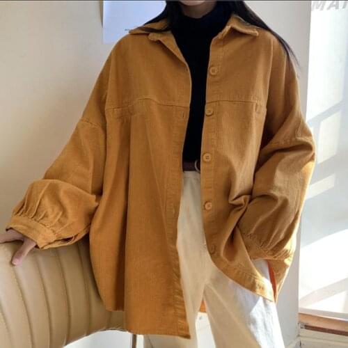 Autumn 2021 Loose Women Corduroy Casual Shirts Single Breasted Turn-down Collar Batwing Sleeve Woman Blouse And Tops Clothes