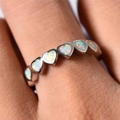 Bamos Vintage Heart Wedding Bands White/Blue Fire Opal Finger Rings Silver Color Engagement Ring For Women Party Jewlery