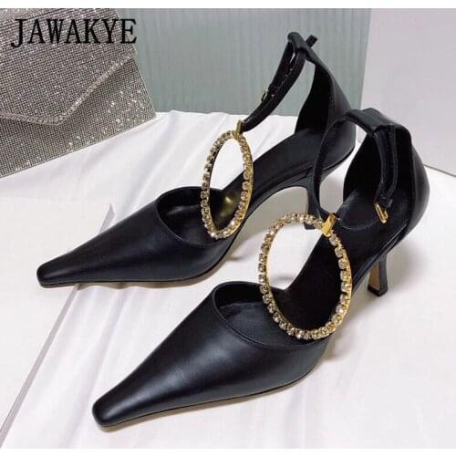 Circle Ring Women High Heels Pointy Toe Real Leather Ankle Strap Women Shoes Spring New Black White Runway Pumps Sexy Stilettos