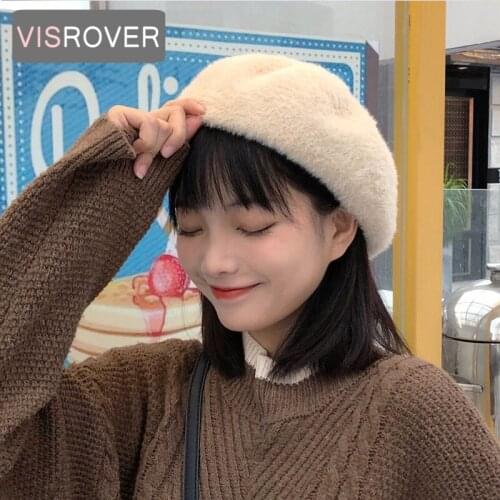 VISROVER New 100% Rabbit Fur Winter Beret Female Autumn Knitted Cap Acrylic Bright Warm Hat Top Quality Women Boina Wholesale