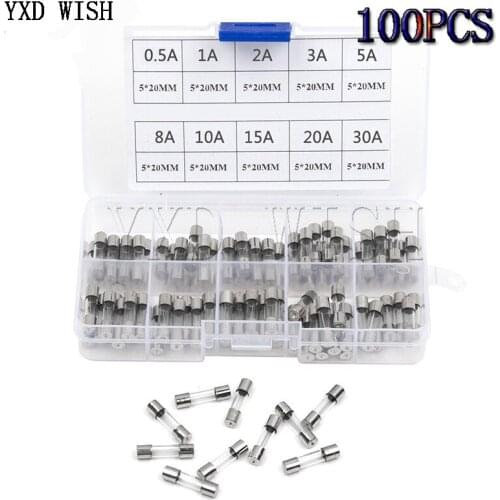 100pcs/box 5x20mm Fuse Assorted Kit DIY Quick Blow Glass Tube Fast Blow Glass Fuses Set Pack 0.5A 1A 2A 3A 5A 8A 10A 15A 20A 30A
