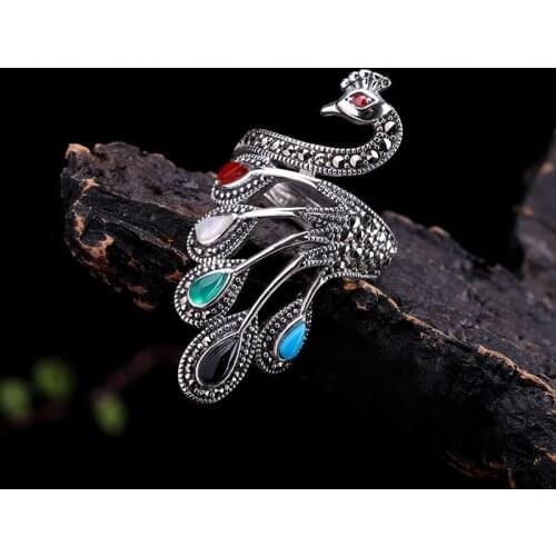 2021 New S925 Silver Handmade Ladies Colorful Stone Chalcedony. Black Agate. Turquoise. Shell Opening Peacock Ring