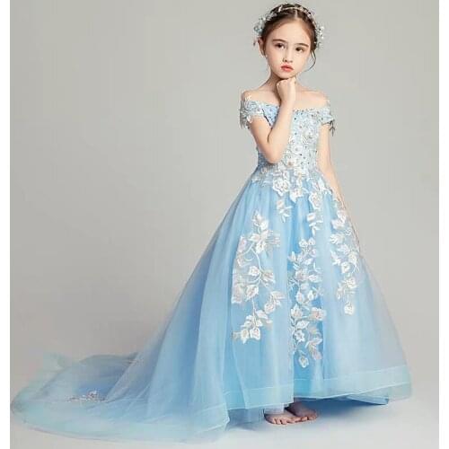 2021 Luxury New 3~12T Children Girls Luxury Shoulderless Florals Birthday Evening Party Princess Long Tail Fluffy Dress Clothes