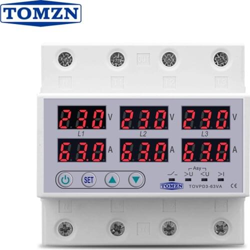 3 Phase 380V Din rail Voltmeter Ammeter adjustable Over and Under Voltage current limit protection Monitor Relays Protector
