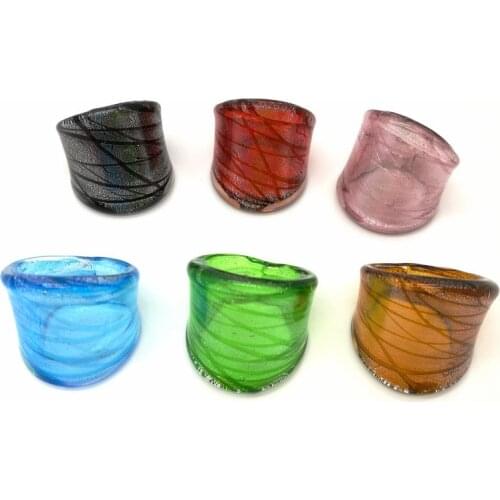 6PCS Wholesale Mix Color Lampwork 3D Glass Murano Rings 17-19mm Band Ring Black Green Red Brown Purple Blue