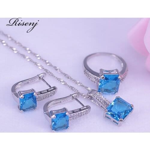 Promotion Dubai Style Silver Color Square Sky Blue CZ & Austrian Crystal Hoop Earring Ring Necklace Set Bridal Jewelry