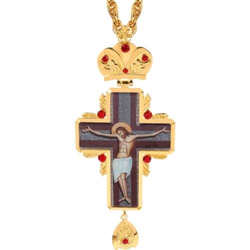 Free Shipping Chest Muscle Cross Byzantine Orthodox Cross Gold Color With Red Crystal Long Chain 120cm
