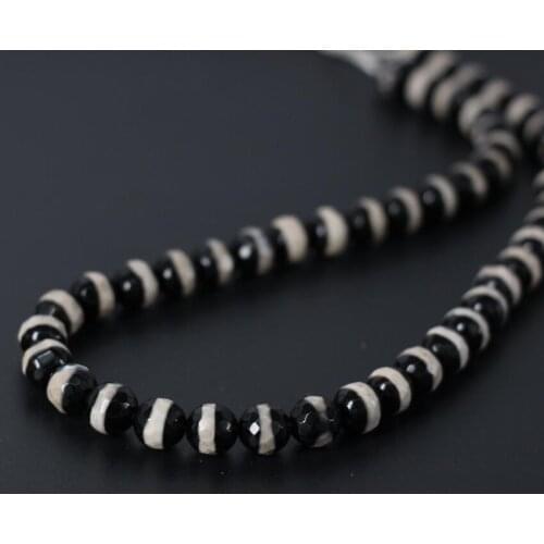 3Strand/Lot Wholesale 6-12mm Black&White One Line Stripe Tibetan Dzi Onxy Faceted Round Loose Beads,DIY Necklace Jewelry Making