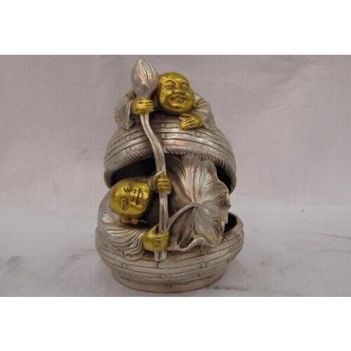 Fast shipping USPS to USA S3226 6 Chinese Palace White Copper Silver Gild Lotus Hop Immortals God Budddha Statue