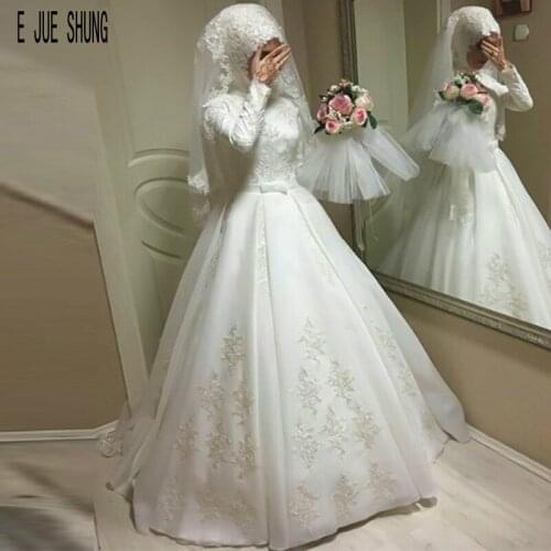 E JUE SHUNG Muslim Wedding Dresses Simple Stain High Neck Long Sleeve Lace Up Lace Appliques Bow Sash Bridal Gowns robe mariage