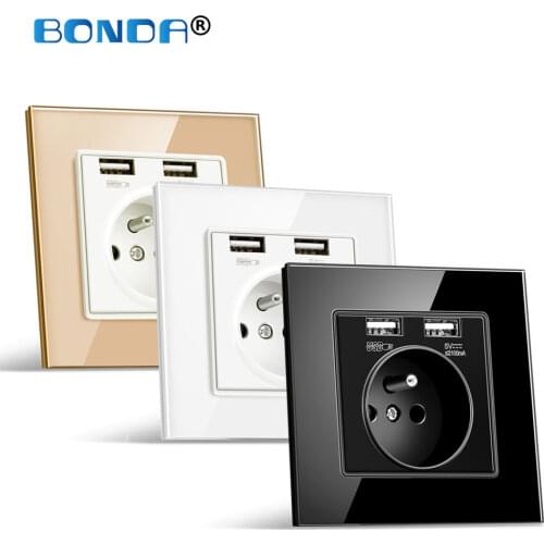BONDA Electrical Wall Socket French Standard Power Outlets with Double USB 16A Crystal Glass 86cm*86cm Kids Safety Protection