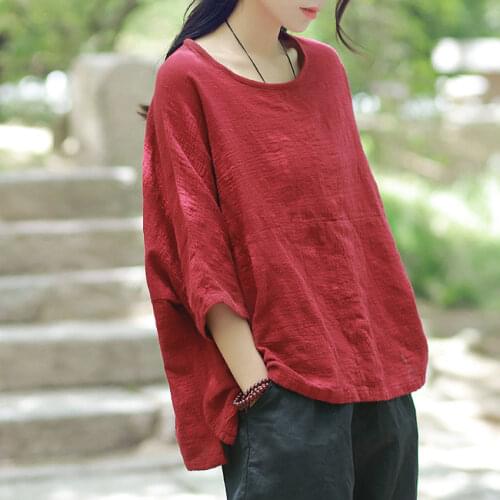 Cotton Linen Blouse Summer Short Sleeve Casual Shirt Women Tops Loose Style Chinese Tops T-shirt Teasim Wear Clothes