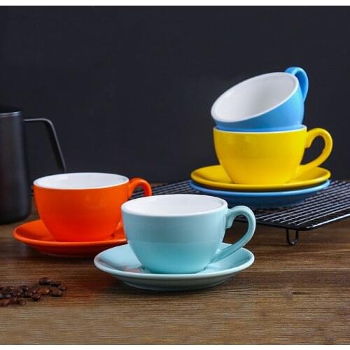 European Style Cappuccino Coffee Cup Ceramic Latte Coffee Cup Saucer Spoon Set Latte Cup Custom 220ml Bright color glaze