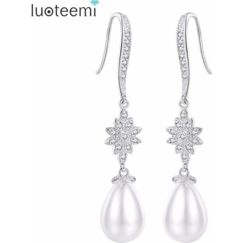 LUOTEEMI Big Imitation Pearl Brilliant Water Drop Earrings Clear Color Long Hook Attractive High Quality For Girl Party Bijoux
