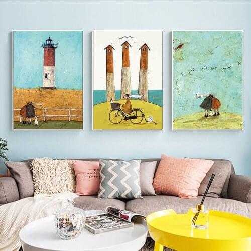 Cartoon Animal Elephant Figure Scenery Seaside Lighthouse Canvas Painting Wall Picture Print Poster Living Room Decoration