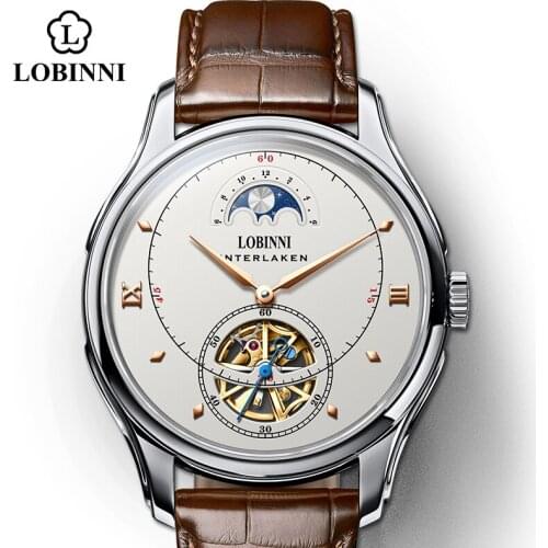 Lobinni Skeleton Watch Men Automatic Moon Phase Mens Mechanical Watches 50M Waterproof saat erkek Stainless Steel 2020 Top Sale