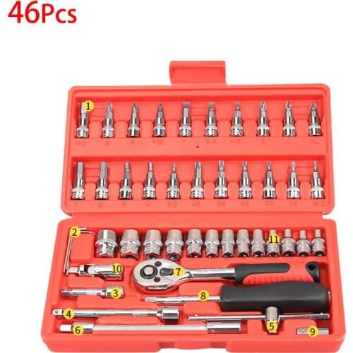 46pcs 1/4-Inch Socket Ratchet Wrench Set Combination Car Repair Tool Kit for Auto Hand Tools for Vehicle Maintenance