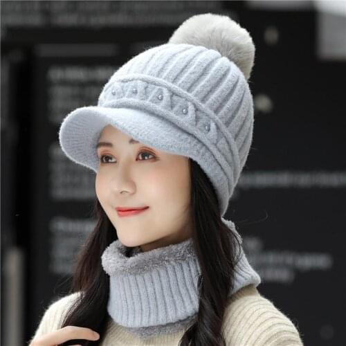 New Winter Hat Keep Neck Warmer Hat Set Thick Beanie Cap Casual Winter Hats For Women Add Fur Lining Warm Knitted Hat
