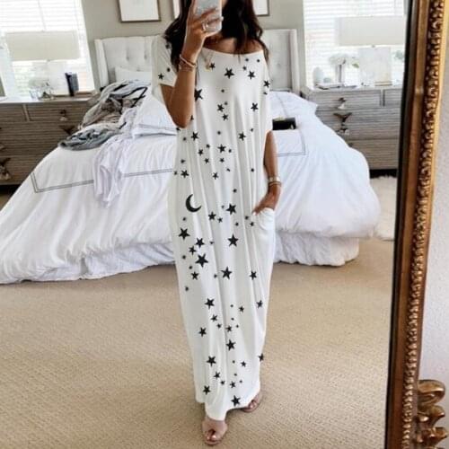 Women Loose Dress Summer Casual Stars Butterfly Print Maxi Dresses Fashion Off Shoulder Short Sleeve Female Home Homewear Dress