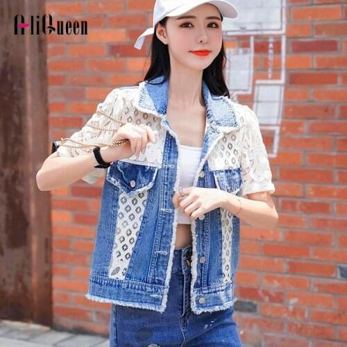 Plus Size Women Embroidery Lace Splice Short Denim Jackets Shirt Crop Tops Female Vintage Short Sleeve Tassel Woman Jeans Jacket