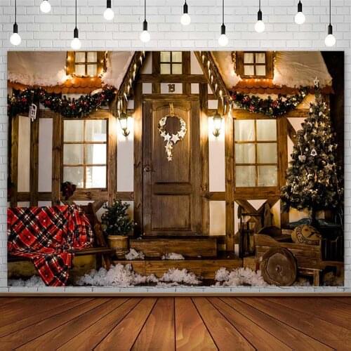 Merry Christmas Backdrop Tree Wreath Bell White Snow Wood House String Lights Photography Background Photostudio Photozone Props