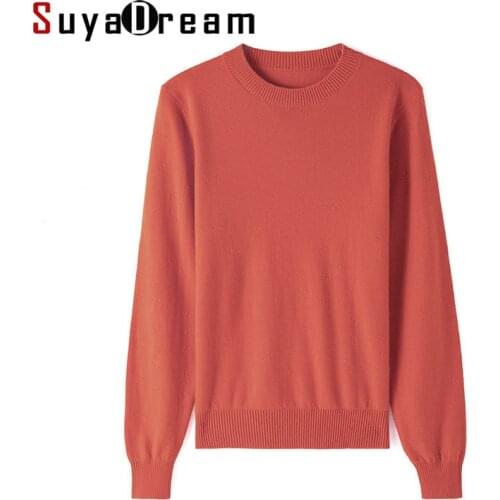 SuyaDream Women Winter Sweaters 100%Wool O Neck Ribs Hems Plain Pullovers 2021 Fall Winter Basic Sweaters for Woman Red