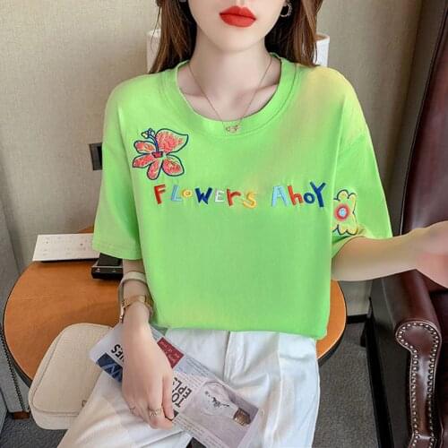 Embroidery Oversized Basic Summer Tee Shirt Women Short Sleeve Letter Cotton T-Shirt Female Casual Green White O-Neck Korean Top