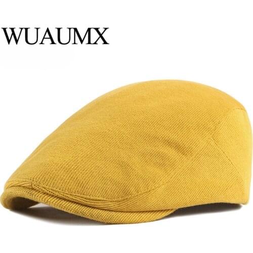 Wuaumx Spring Autumn Berets Hat Men knitting Visor Cap Casual Fashion Women Beret Solid Yellow Blue Peaked Flat Cap Duckbill Hat