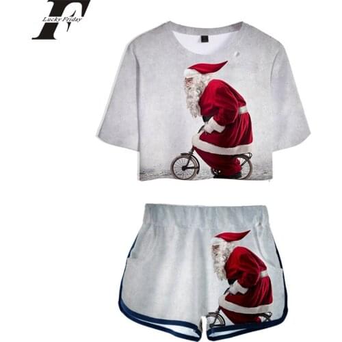 Western traditional festival Merry Christmas Santa Claus 3D Two Pieces sets Women girl Casual T-shirt+shorts Clothes kpop