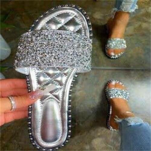 Plus Size Fashion Flat Slippers Woman European and American Word Rhinestone Woman Slippers Candy Color