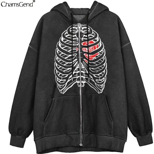 Cool Punk 3D Skeleton Graphic Zipper Hoodies Women Sweatshirt Black White Brown Zip Jacket Coat Hoody Pullover Streetwear