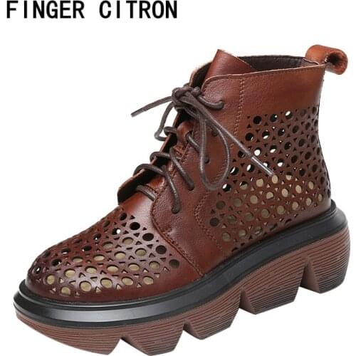 Finger Citron Women Anckle Boot Genuine Cow Leather Laser Hole Round Tow Pvc Outsole Light By Handmade Lady Shoes Size 35-41