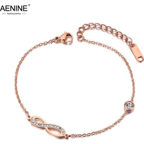 AENINE Stainless Steel CZ Crystal Infinite Eternity Charm Bracelet Bangle For Women Link Chain Bohemia Beach Bracelet AB19027