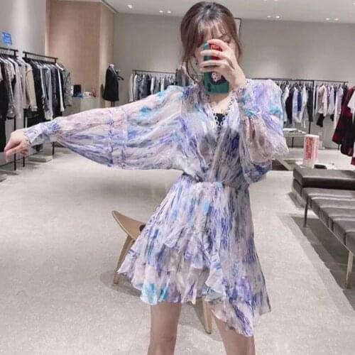 Slim Print V-Neck Women Summr Thin Asymmetrical Dress Female Casual Sexy Dress Ladies High Version Long Sleeve New Dresses ML154