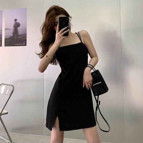 Women Sleeveless Dress Slash Neck Backless Mini Spaghetti Strap Black Sexy Retro Abdomen Slim Shaped Mature Simple Korean Style