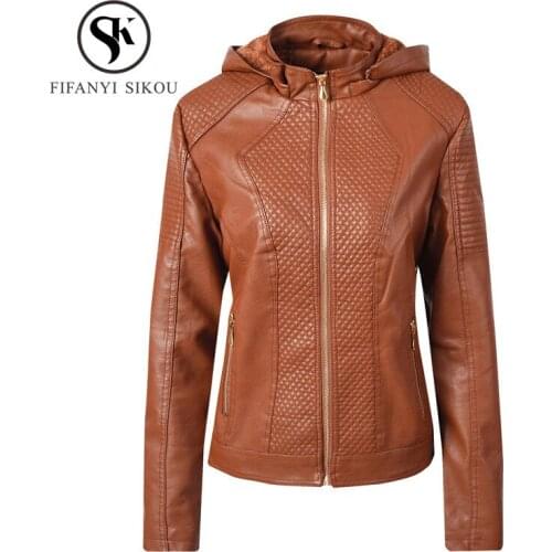 2019 Autumn Winter Fashion PU Leather Jacket women Hooded Coat Zipper Long sleeve Biker Jackets Ladies Casual Faux Leather Coat