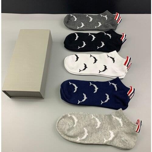 2021 Fashion TB Brand Socks Men Women Cotton Striped Dolphin Pattern No Show Casual Sports Crew Socks Ins 5 Pairs