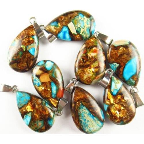 6Pcs 28x15x6mm Blue Sea Sediment Jaspers Gold Copper Bornite Teardrop Pendant 232SK For Jewelry Make DIY Earring Accessories