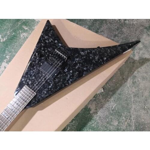 Custom 6 string guitar,black mother pearl shell veneer,tremolo bridge Hpickups,black button,V shape guitar
