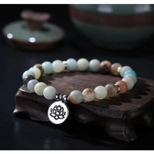 Amazonite Beads Lotus Charm Mala Bracelet