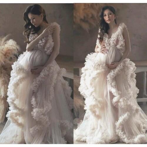 Pregnant Women Bathrobes Tiered Ladies Hot Nightdress Party Wear Lingerie Women Sleeveless Tulle Bath Gown Nightwear Dress