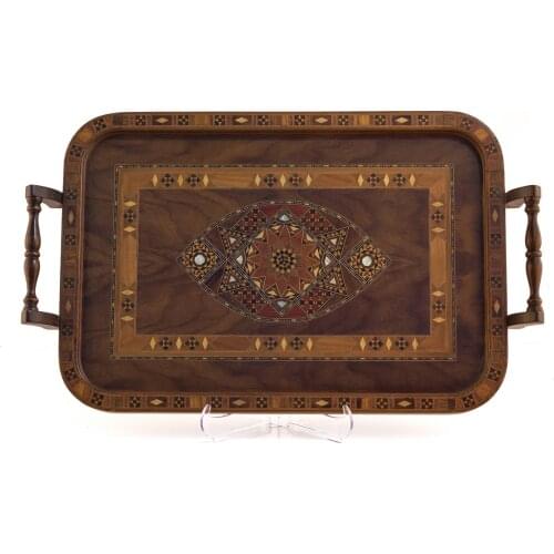 Large Size Tea and Coffee Serving Tray Decorative Wood, Handmade Rustic Kitchen Decor, For Easy Carrying Handle - Ancient Motifs