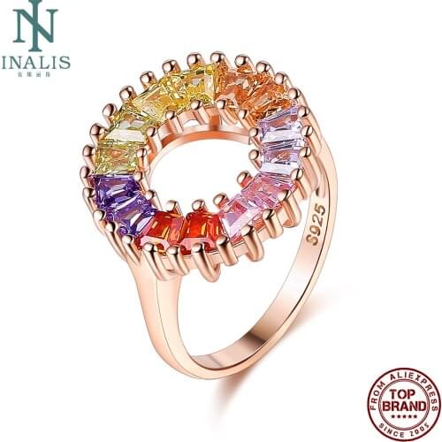 INALIS S925 Sterling Silver Rainbow Rings For Women Authentic Wedding Ring Colorful Cubic Zirconia Circle Setting Fine Jewelry