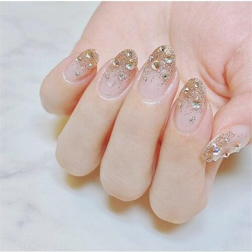 Round shining champagne pure color with diamond false nails 24pcs french lady full nail tips round cute fake nails